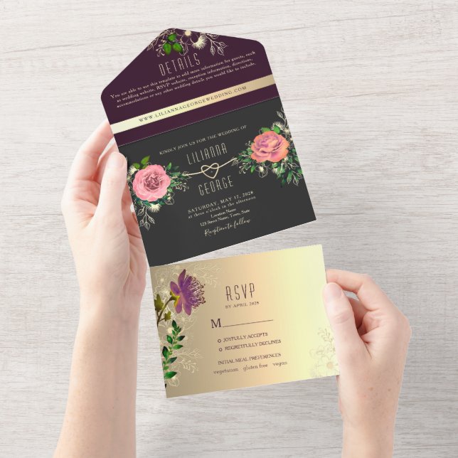 Moody Floral Purple Black Wedding All In One Invitation (Tearaway)