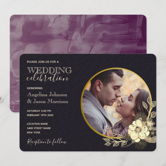 Moody Floral Purple Gold Black Wedding Invitation (Front/Back)