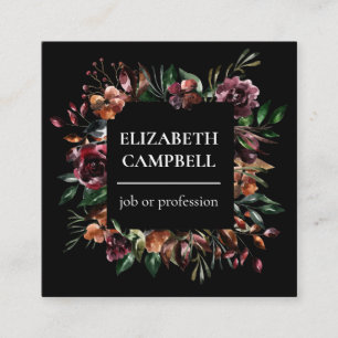 Moody Floral Watercolor Black Square Business Card