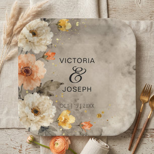 Moody Floral Watercolor Peach Cream Gold Wedding Paper Plate