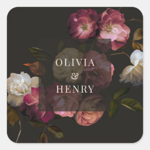 Moody Floral Wedding Dark Romantic Black Burgundy Square Sticker