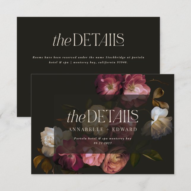 Moody Floral Wedding Details Burgundy & Black Enclosure Card (Front/Back)