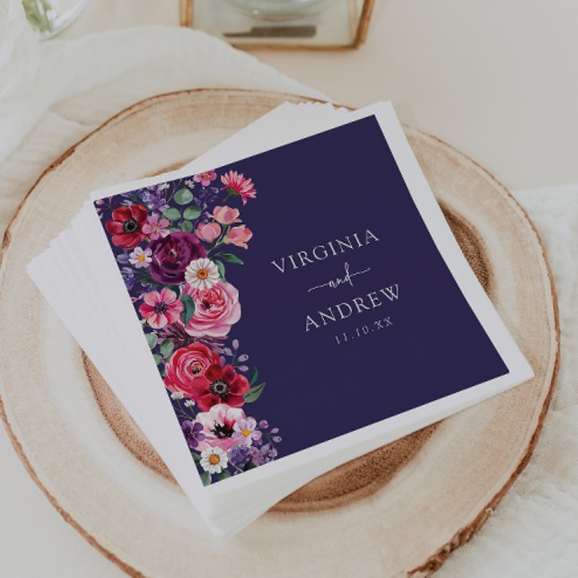 Moody Floral Wedding Napkin (Moody Navy Blue Floral Wedding Napkins by Painted Paperie
)