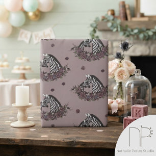 Moody Floral Zebra Mummy and Baby Pale Rose Grey Wrapping Paper