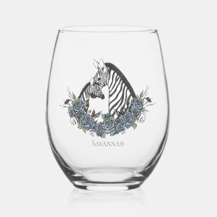 Moody Floral Zebra Mummy & Baby Blue Roses Stemless Wine Glass