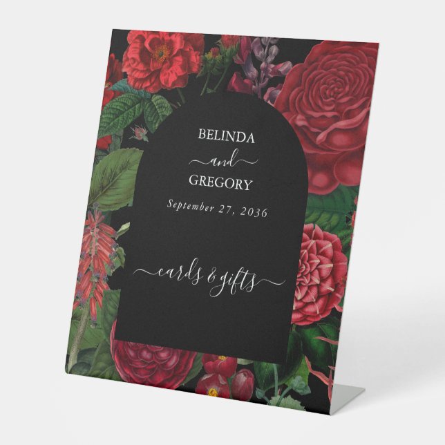 Moody Florals Arch Red Wedding Cards Gifts Pedestal Sign (Front)