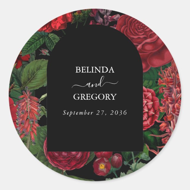 Moody Florals Black Arch Burgundy Red Wedding Classic Round Sticker (Front)