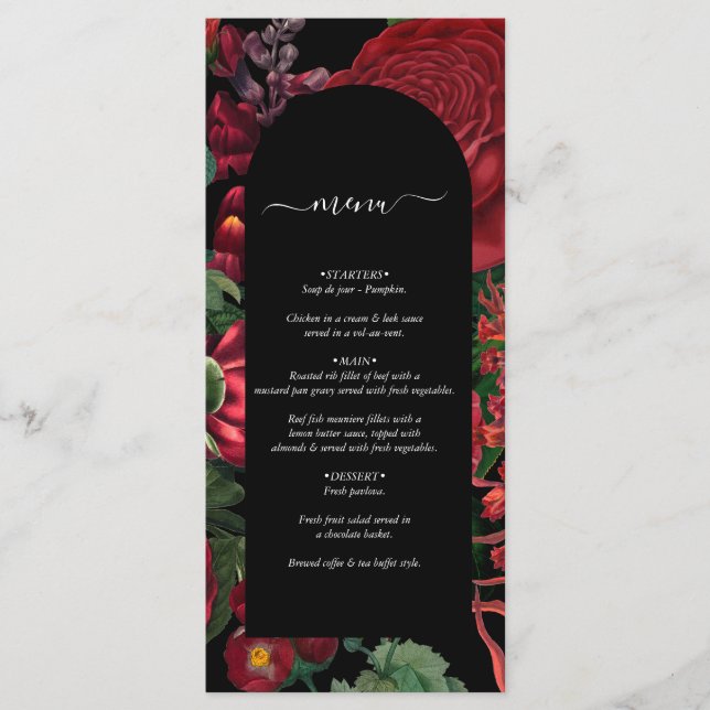 Moody Florals Black Arch Burgundy Red Wedding Menu (Front)