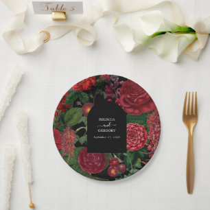 Moody Florals Black Arch Burgundy Red Wedding  Paper Plate