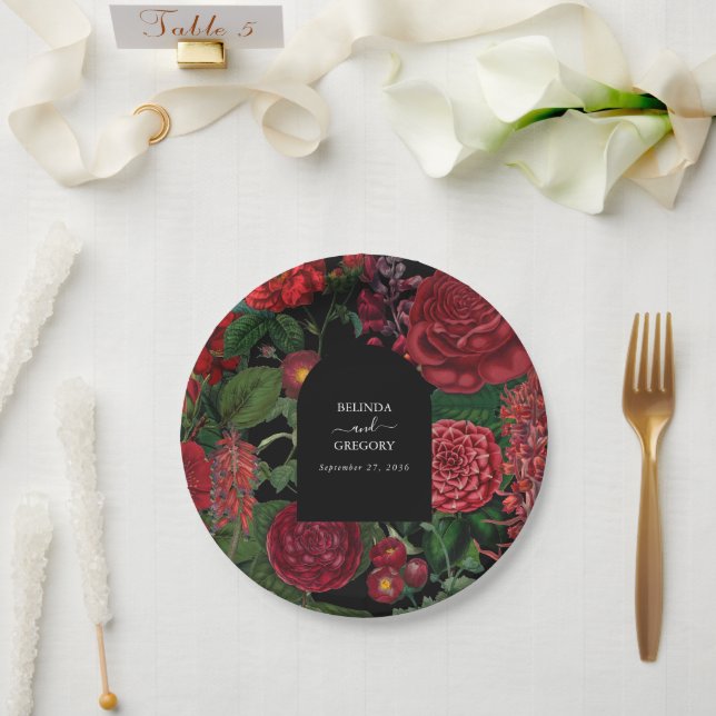 Moody Florals Black Arch Burgundy Red Wedding  Paper Plate (Wedding)