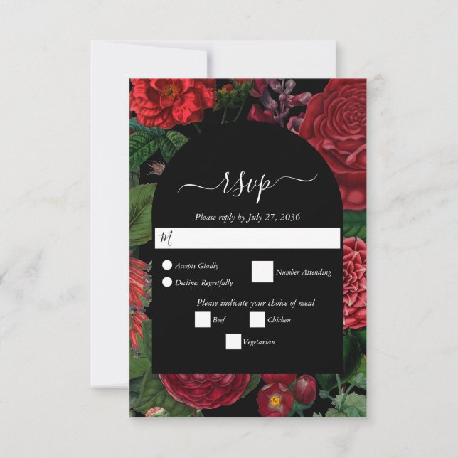 Moody Florals Black Arch Burgundy Red Wedding RSVP Card (Front)