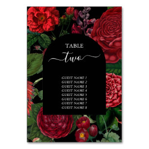Moody Florals Black Arch Burgundy Red Wedding Table Number
