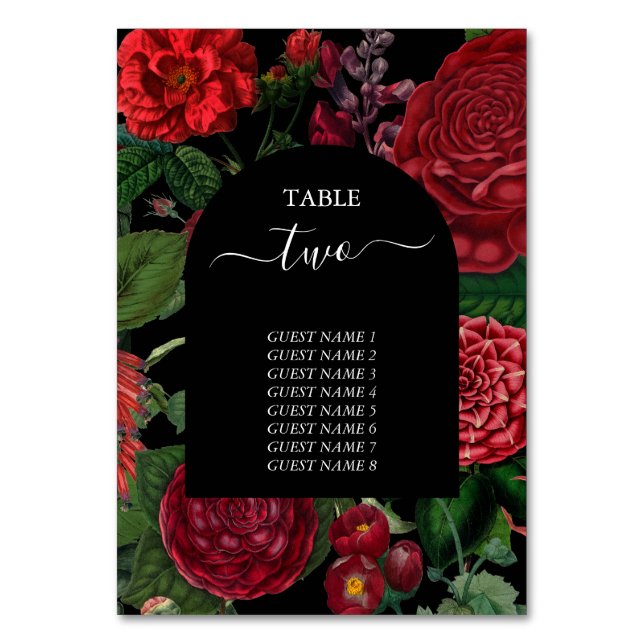 Moody Florals Black Arch Burgundy Red Wedding Table Number (Front)