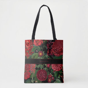 Moody Florals Black & Burgundy Monogram Tote Bag