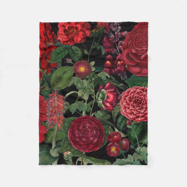 Moody Florals Black & Burgundy Vintage  Fleece Blanket (Front)