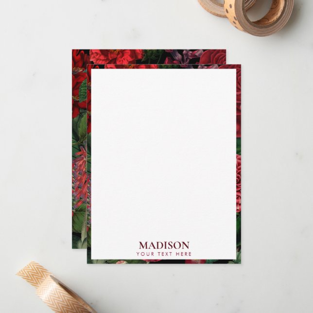 Moody Florals Black & Burgundy Vintage Monogram Card (Front/Back In Situ)