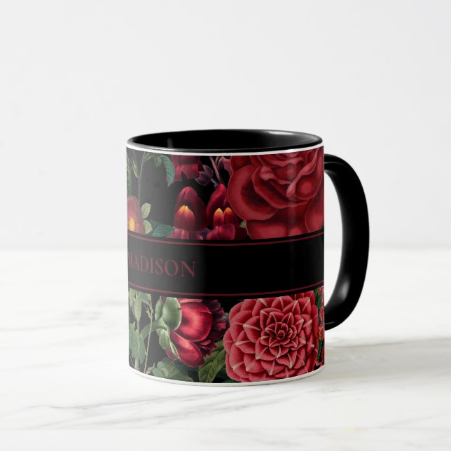 Moody Florals Black & Burgundy Vintage Monogram Mug (Front Right)