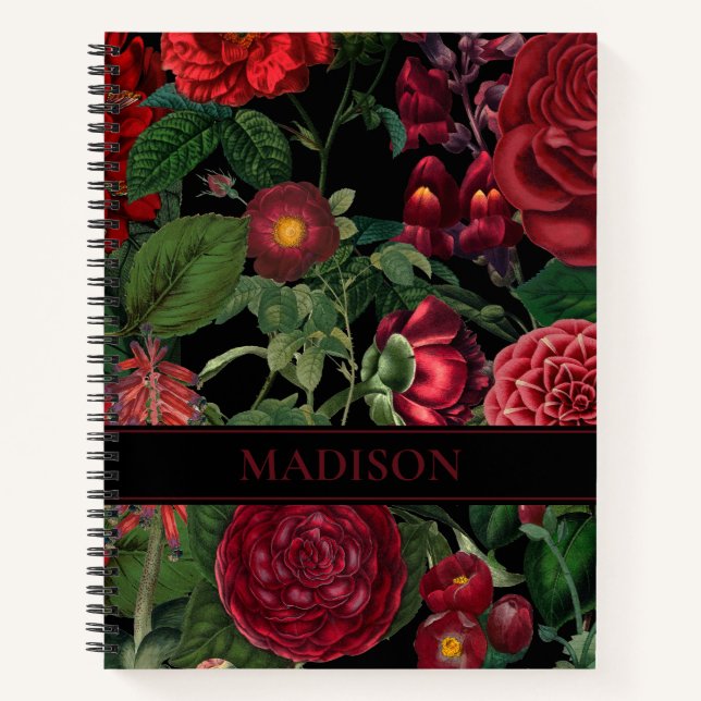 Moody Florals Black & Burgundy Vintage Monogram  Notebook (Front)