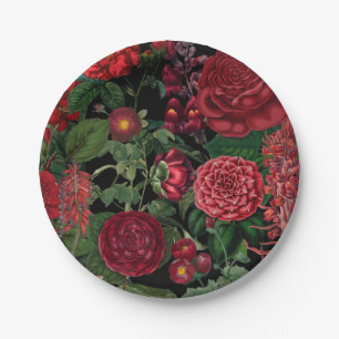 Moody Florals Black & Burgundy Vintage Paper Plate