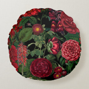 Moody Florals Black & Burgundy Vintage Round Cushion