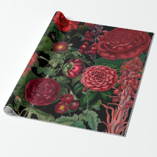 Moody Florals Black & Burgundy Vintage  Wrapping Paper