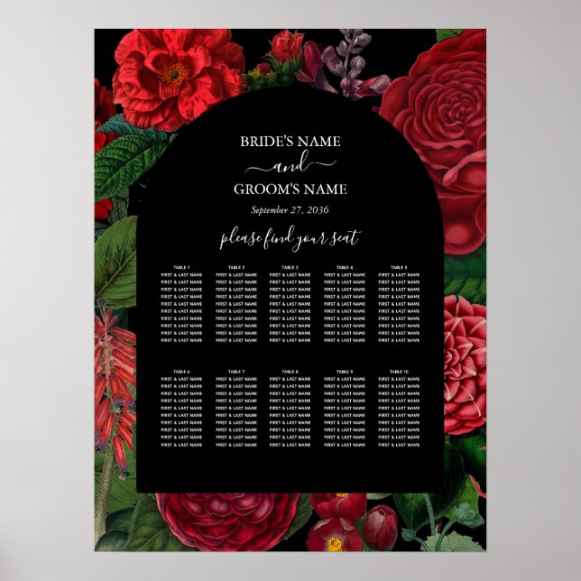 Moody Florals Black Burgundy Wedding Seating Chart (Front)