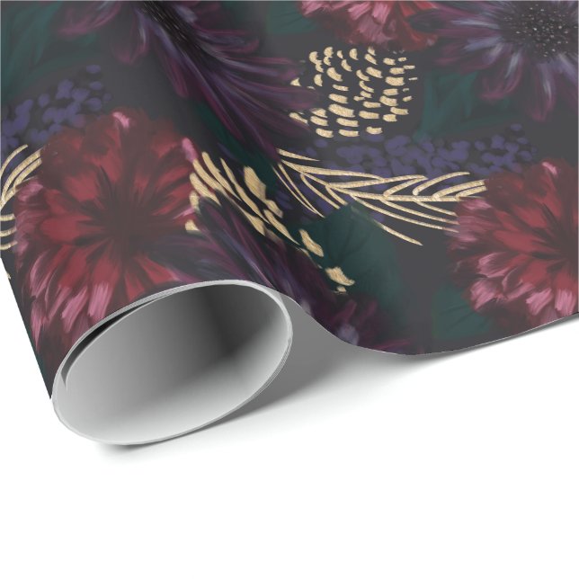 Moody Florals, Gold Pinecone & Spruce Christmas Wrapping Paper (Roll Corner)