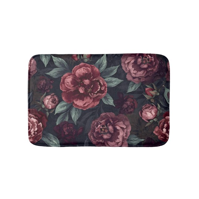 Moody Florals Watercolor Dark Red Pattern Bath Mat (Front)