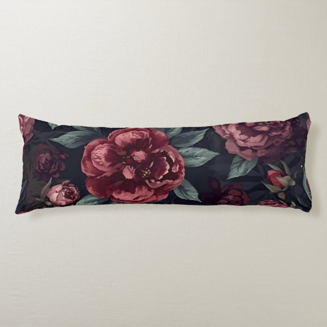 Moody Florals Watercolor Dark Red Pattern Body Cushion (Front)