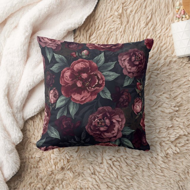 Moody Florals Watercolor Dark Red Pattern Cushion (Blanket)