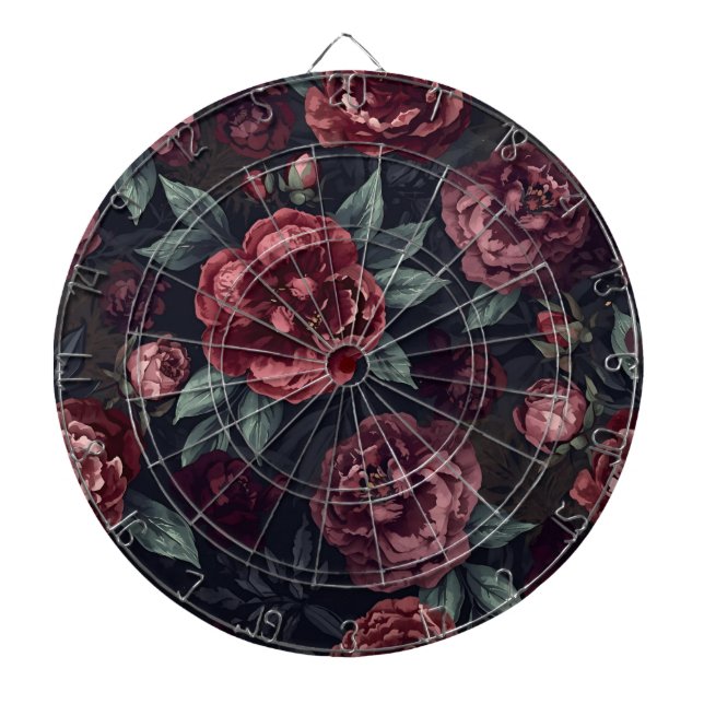 Moody Florals Watercolor Dark Red Pattern Dartboard (Front)