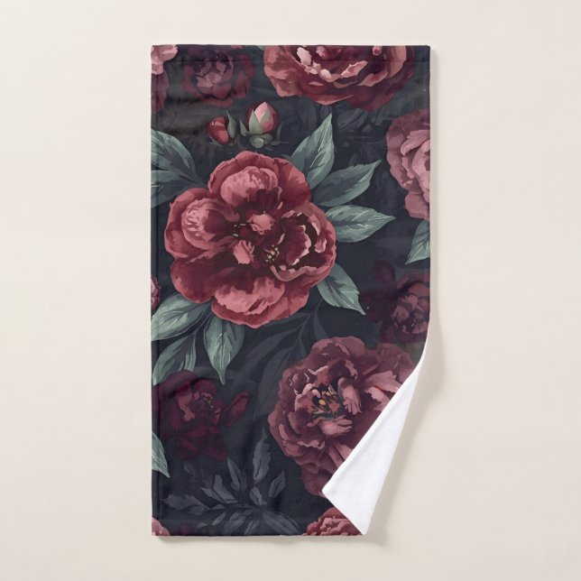 Moody Florals Watercolor Dark Red Pattern Hand Towel (Hand Towel)