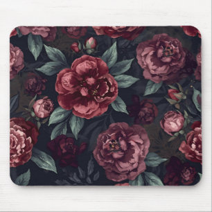 Moody Florals Watercolor Dark Red Pattern Mouse Mat