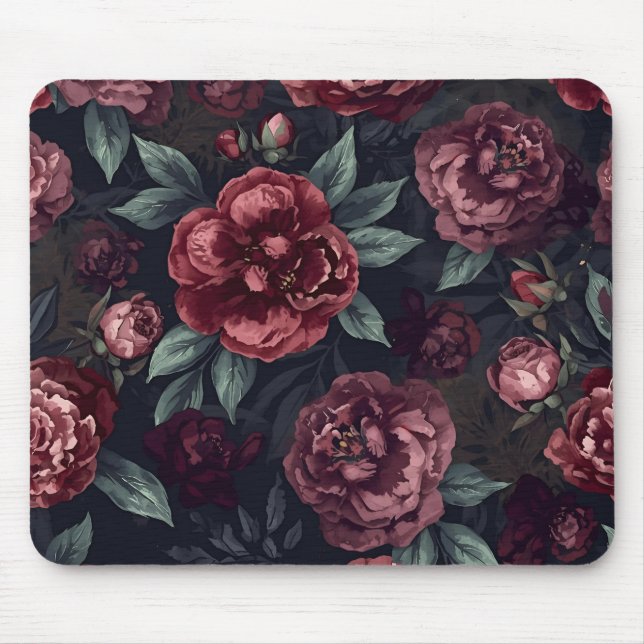 Moody Florals Watercolor Dark Red Pattern Mouse Mat (Front)