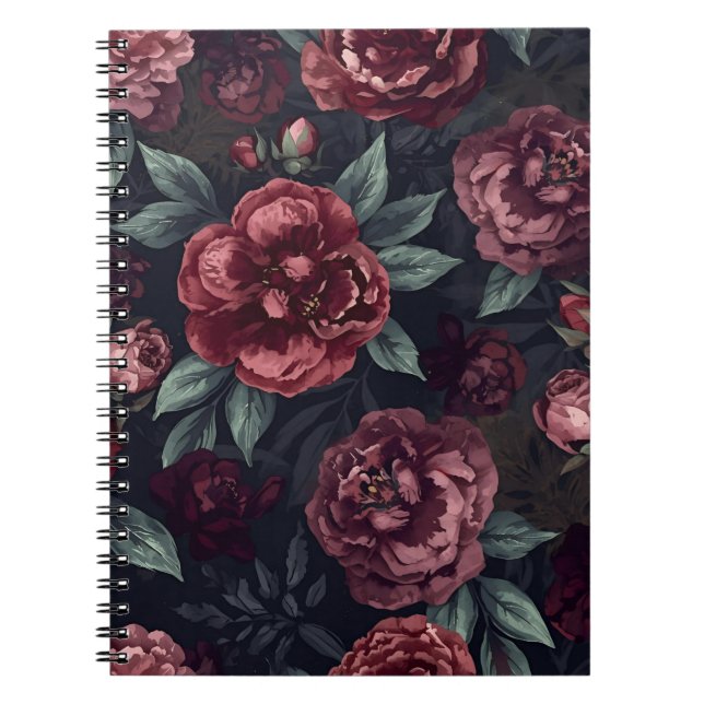Moody Florals Watercolor Dark Red Pattern Notebook (Front)