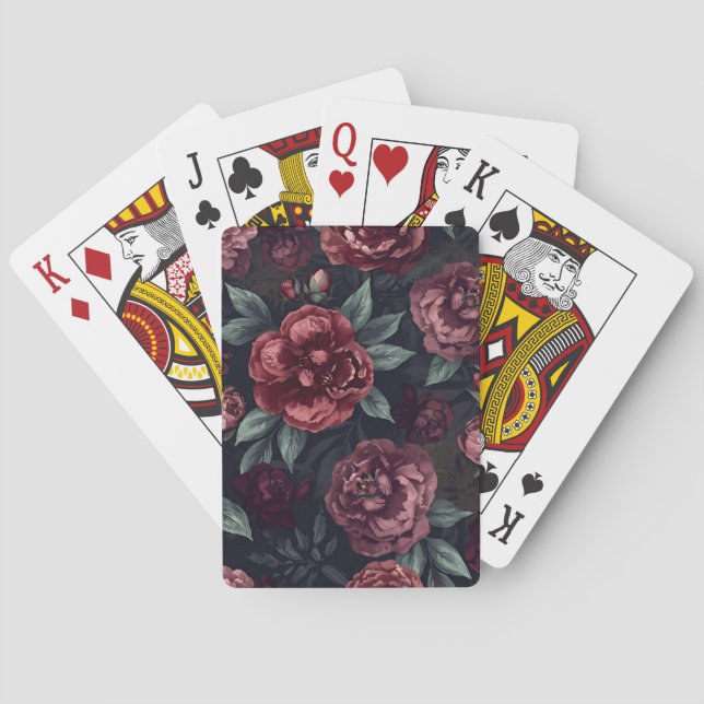 Moody Florals Watercolor Dark Red Pattern Playing Cards (Back)