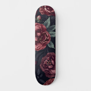 Moody Florals Watercolor Dark Red Pattern Skateboard