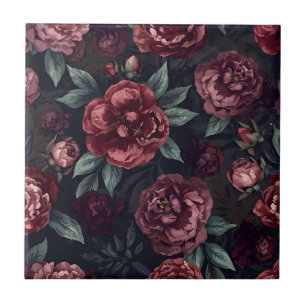 Moody Florals Watercolor Dark Red Pattern Tile