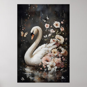 Moody Flower Swan Print, Swan Portrait Wall Print