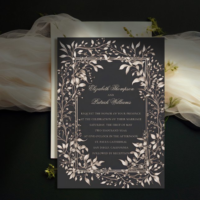 Moody Forest Botanical Formal Classic Wedding Invitation (moody forest wedding invitation botanical frame black white vintage elegant classic traditional)