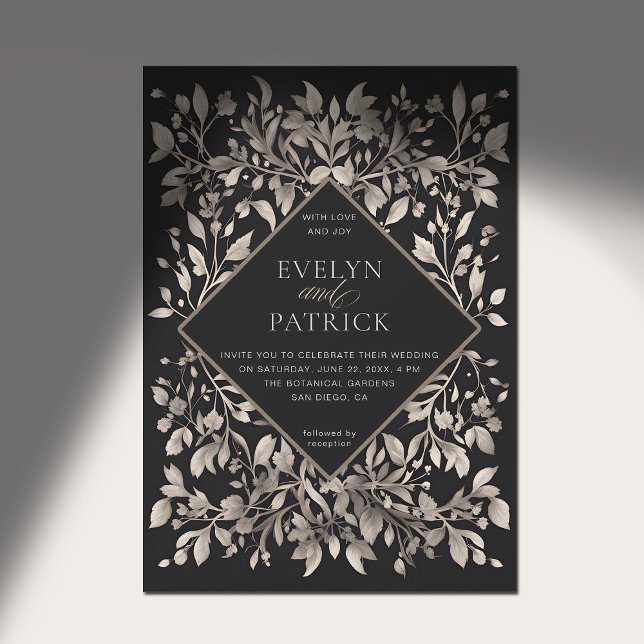 Moody Forest Botanical Modern Gold Diamond Wedding Invitation (moody forest wedding invitation botanical frame dark gold elegant modern classic woodland garden)