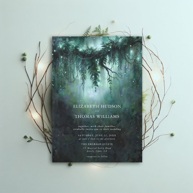 Moody Forest Enchanted Blue Modern Dark Wedding Invitation (moody forest wedding enchanted fairy tale faerie woodland magical bespoke elegant blue modern)