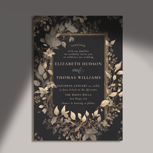 Moody Forest Lush Botanical Gold Patina Wedding Invitation (moody forest wedding invitation botanical frame black gold vintage elegant classic traditional)