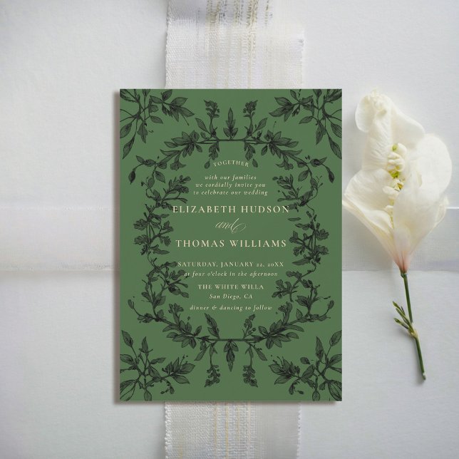 Moody Forest Moss Botanical Modern Classic Wedding Invitation (moody forest wedding invitation botanical frame moss green elegant modern traditional calligraphy)
