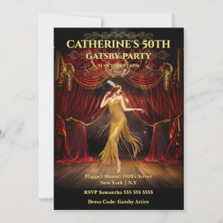 Moody Gatsby Red Gold 50th Birthday Invite