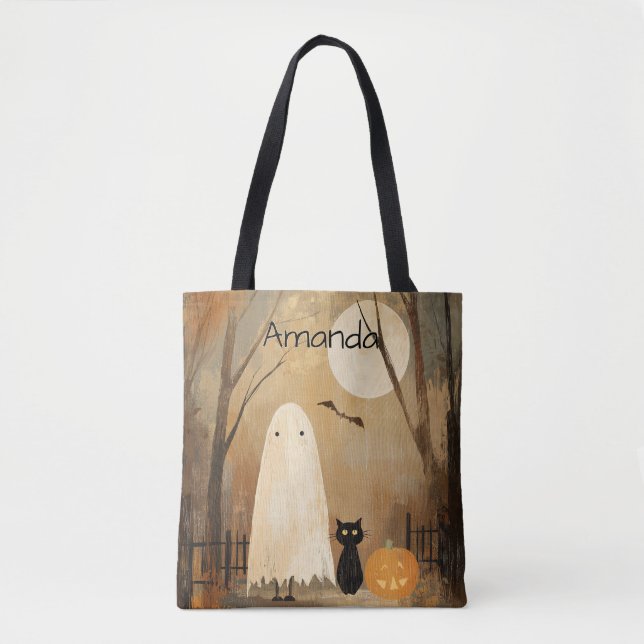 Moody Ghost & Black Cat Vintage Halloween Tote Bag (Front)