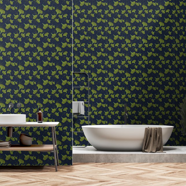 Moody Gingko Navy Blue Floral Pattern Wallpaper (Bathroom)