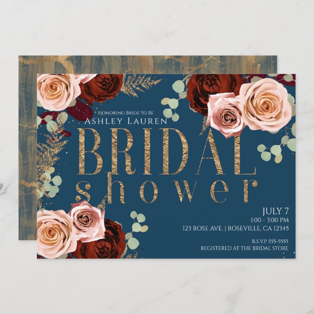 Moody Glam Blue Gold Pink Roses Bridal Shower Invitation (Front/Back)