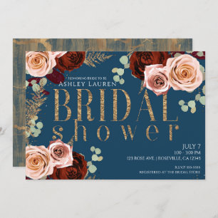 Moody Glam Blue Gold Pink Roses Bridal Shower Invitation