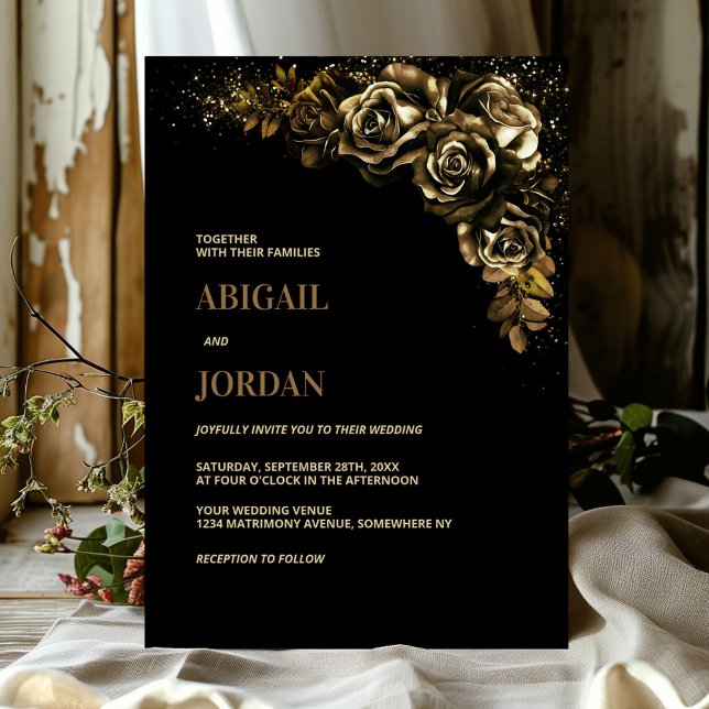 Moody Gold Floral Wedding Invitation (Creator Uploaded)